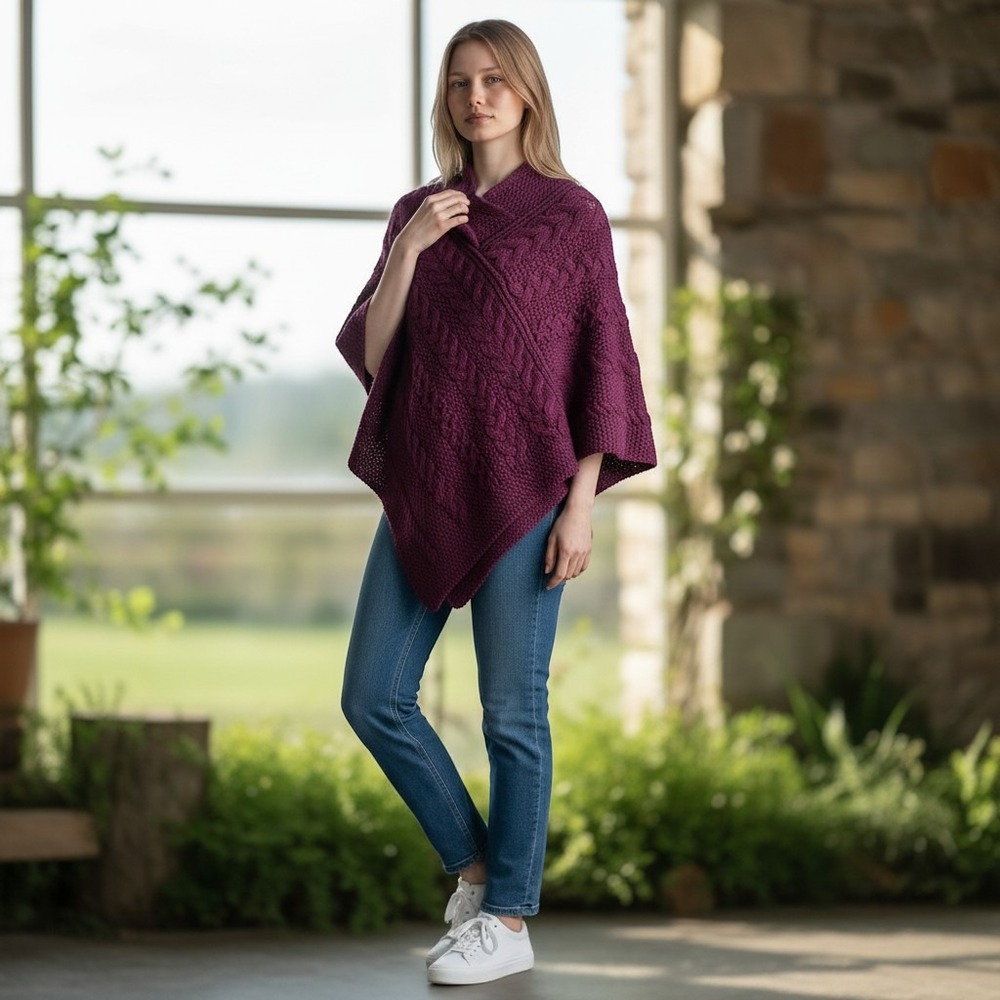 Aran Sweater Market  100% Merino Wool Cable Knit Poncho Made in Ireland SM